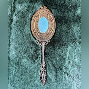 Vintage Handheld Mirror with Blue and Gold Design